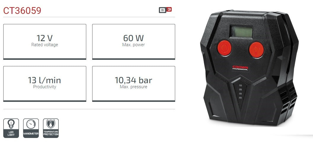 COMPRESSEUR AUTO 12V 60W CROWN CT36059
