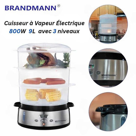 Cuiseur À Vapeur Électrique 800W 9L 3 Paniers Inox Avec Contrôle De Minuterie Numérique - BR-FS-002 / BRANDMANN