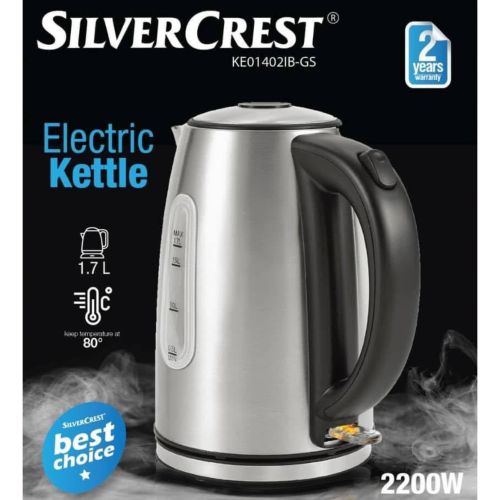 Bouilloire électrique sans fil SilverCrest 1,7 L en acier inoxydable 2 200 W