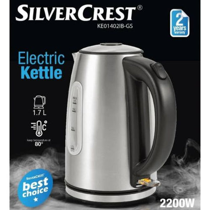 Bouilloire électrique sans fil SilverCrest 1,7 L en acier inoxydable 2 200 W