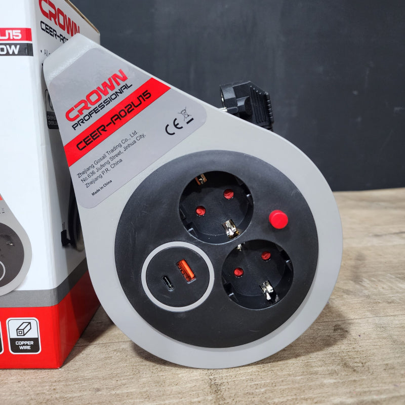 Enrouleur de Câble 2 ports + USB (A et C) 7m Crown 3000W / CEER-A02U15