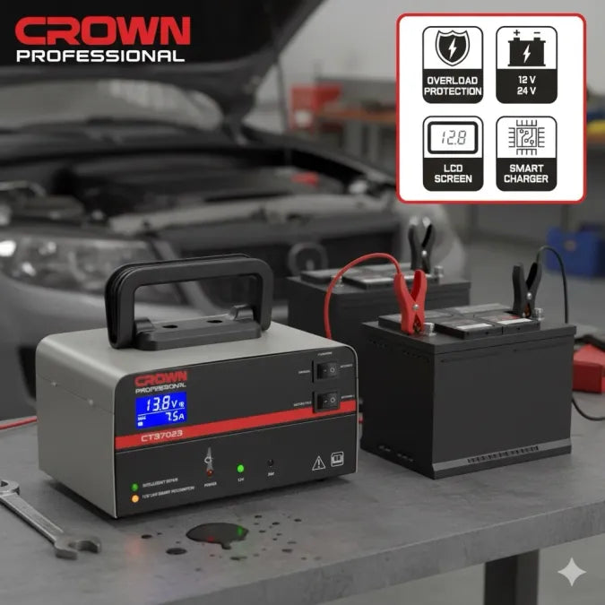 Chargeur Batterie Intelligent 12/24V LCD CT37022 Crown – Sécurité & Polyvalence